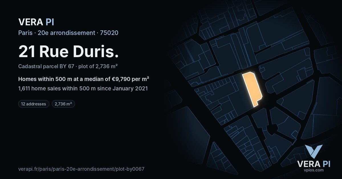 21 Rue Duris, 20e arrondissement at night – the plot lit, the parcels around coloured by the prices near them