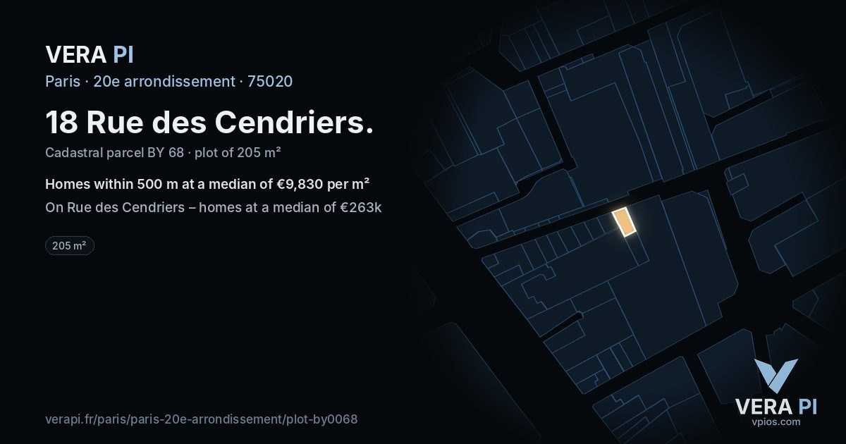 18 Rue des Cendriers, 20e arrondissement at night – the plot lit, the parcels around coloured by the prices near them