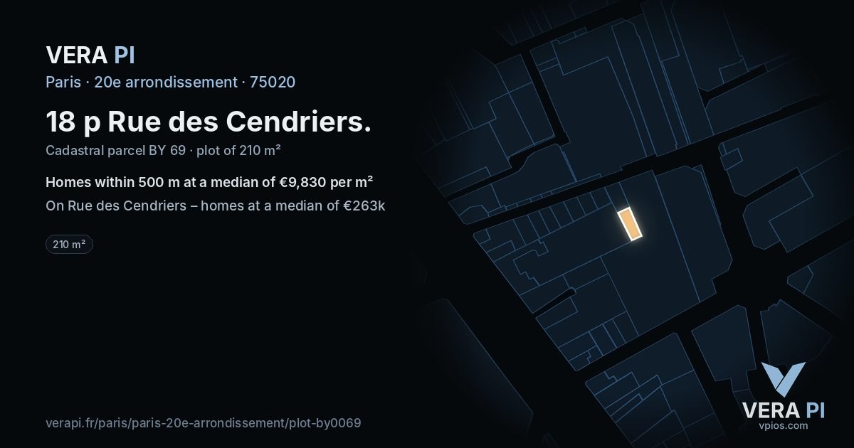 18 p Rue des Cendriers, 20e arrondissement at night – the plot lit, the parcels around coloured by the prices near them