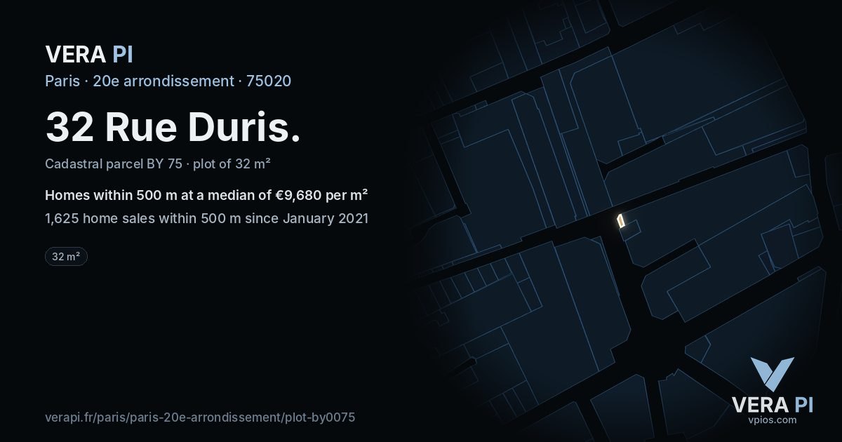 32 Rue Duris, 20e arrondissement at night – the plot lit, the parcels around coloured by the prices near them