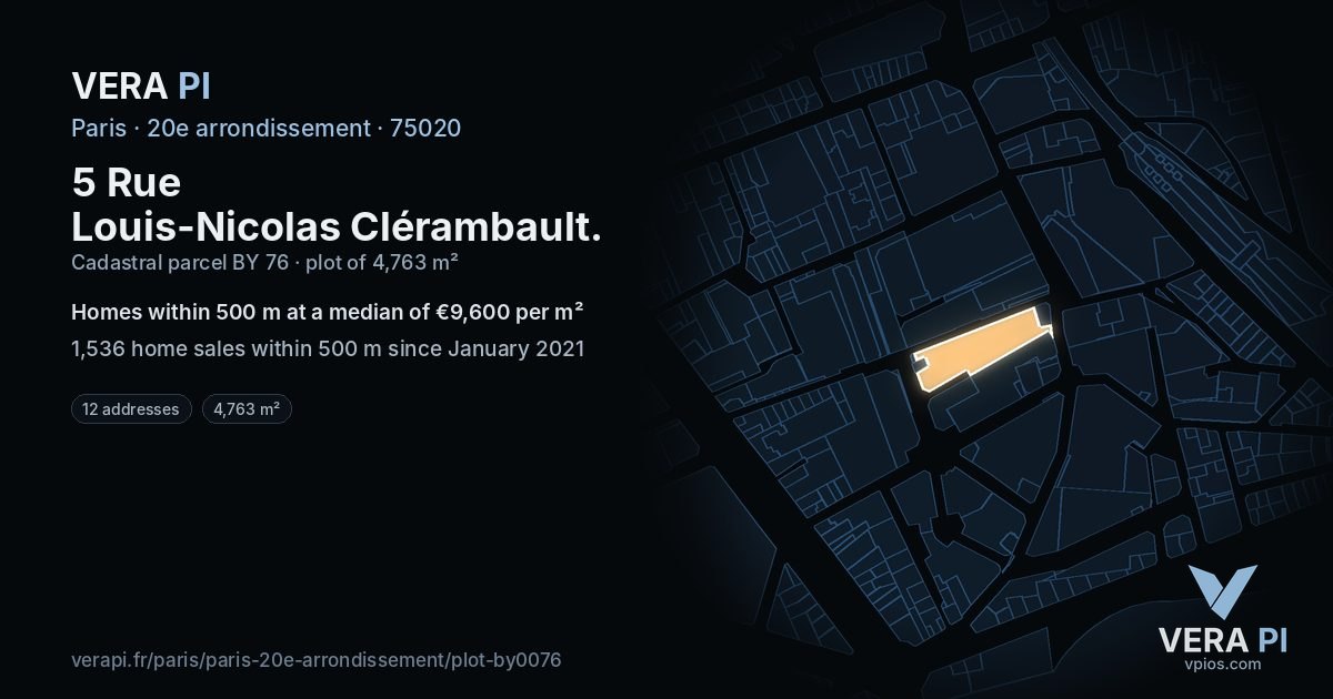 5 Rue Louis-Nicolas Clérambault, 20e arrondissement at night – the plot lit, the parcels around coloured by the prices near them