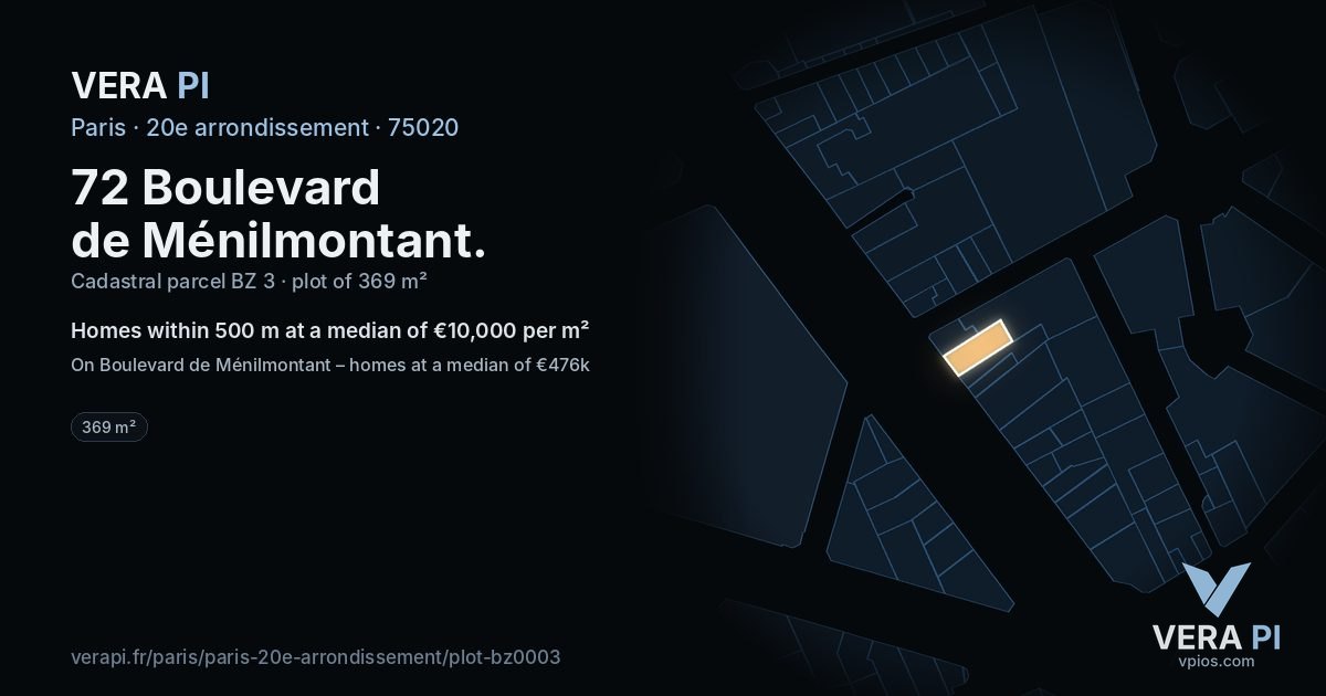 72 Boulevard de Ménilmontant, 20e arrondissement at night – the plot lit, the parcels around coloured by the prices near them