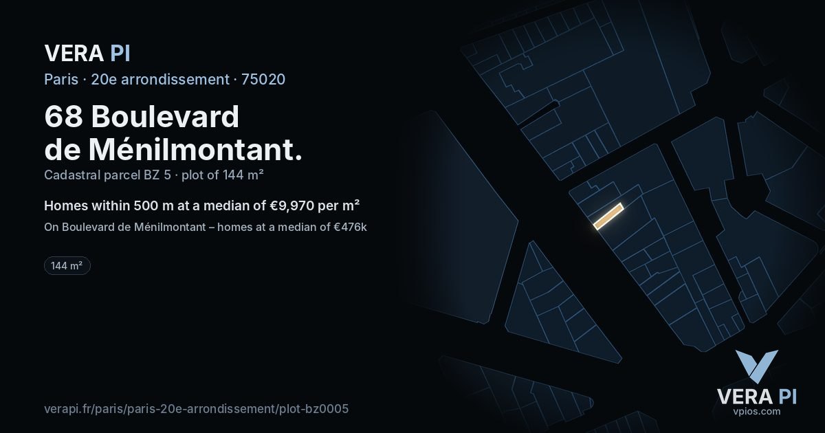 68 Boulevard de Ménilmontant, 20e arrondissement at night – the plot lit, the parcels around coloured by the prices near them