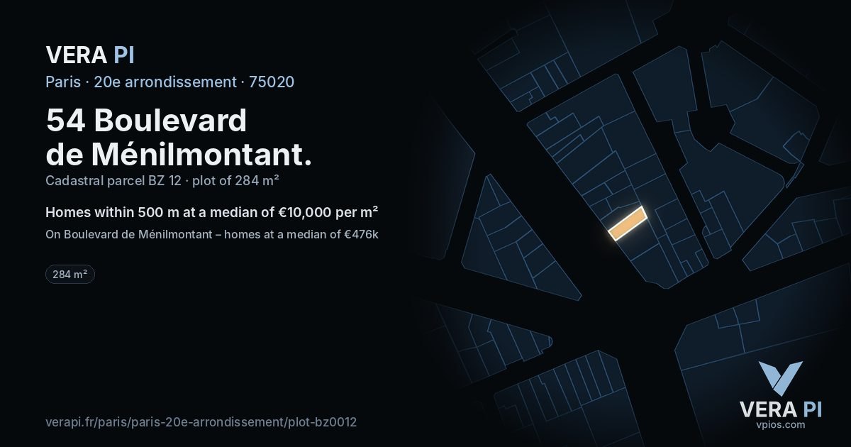 54 Boulevard de Ménilmontant, 20e arrondissement at night – the plot lit, the parcels around coloured by the prices near them