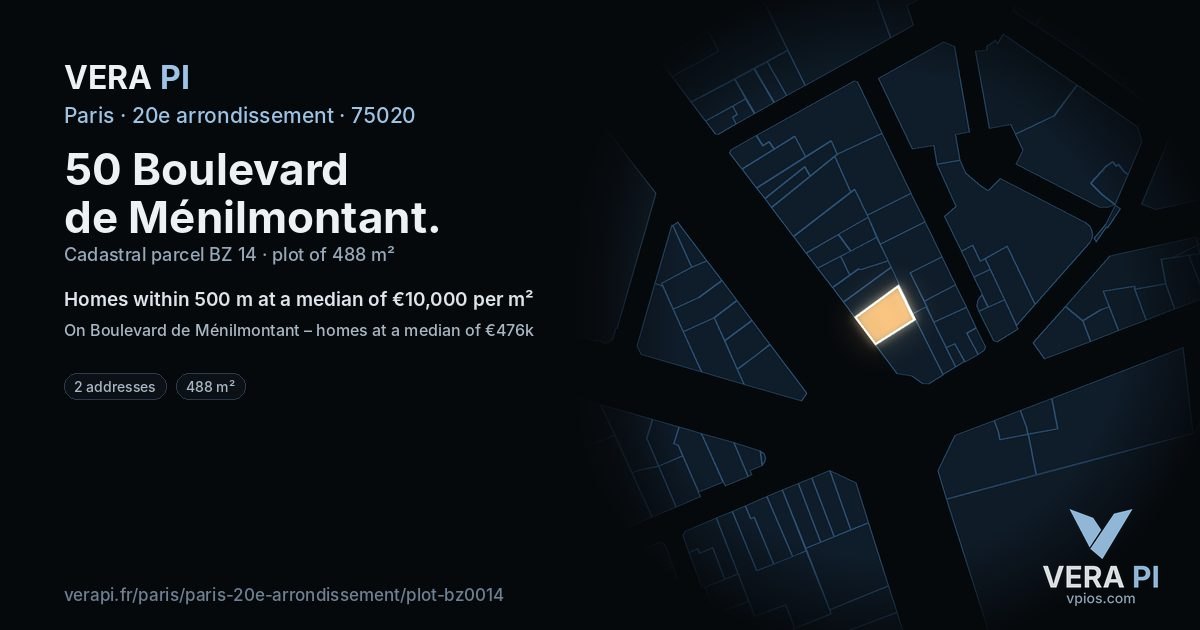 50 Boulevard de Ménilmontant, 20e arrondissement at night – the plot lit, the parcels around coloured by the prices near them