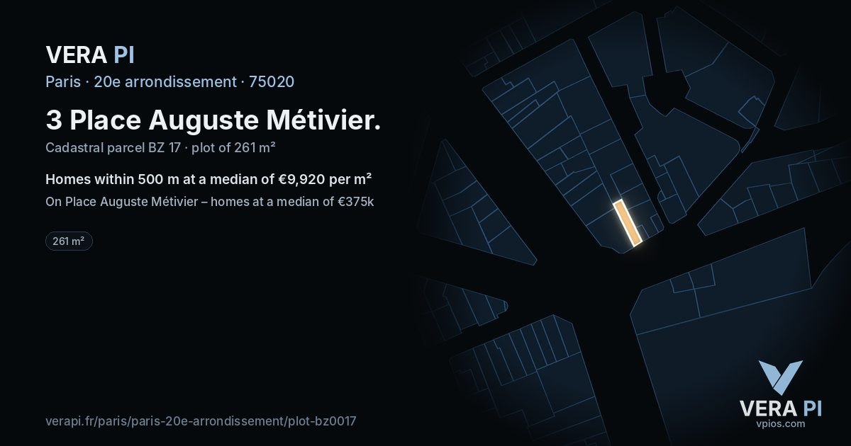 3 Place Auguste Métivier, 20e arrondissement at night – the plot lit, the parcels around coloured by the prices near them