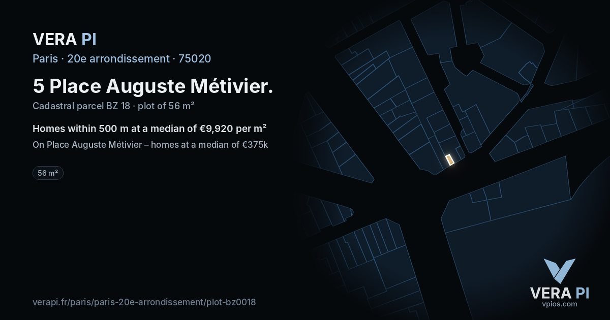 5 Place Auguste Métivier, 20e arrondissement at night – the plot lit, the parcels around coloured by the prices near them