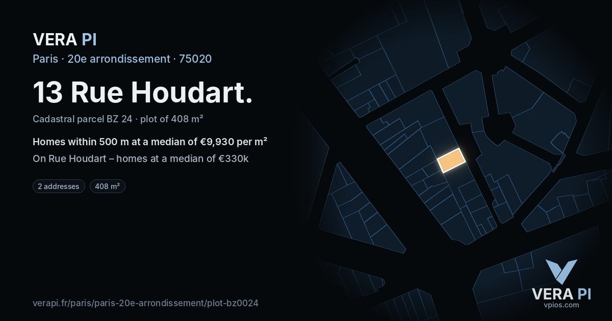 13 Rue Houdart, 20e arrondissement at night – the plot lit, the parcels around coloured by the prices near them