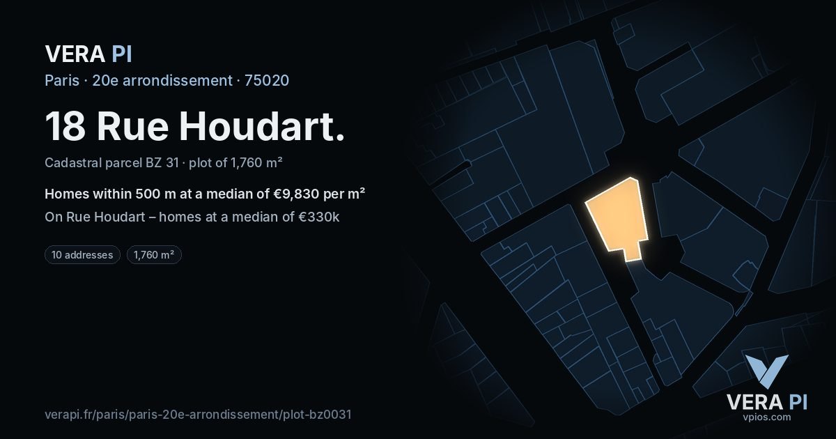 18 Rue Houdart, 20e arrondissement at night – the plot lit, the parcels around coloured by the prices near them