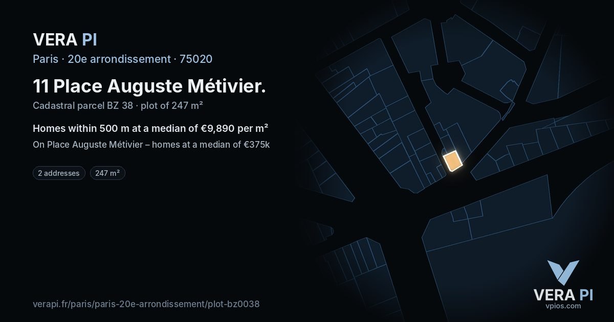 11 Place Auguste Métivier, 20e arrondissement at night – the plot lit, the parcels around coloured by the prices near them
