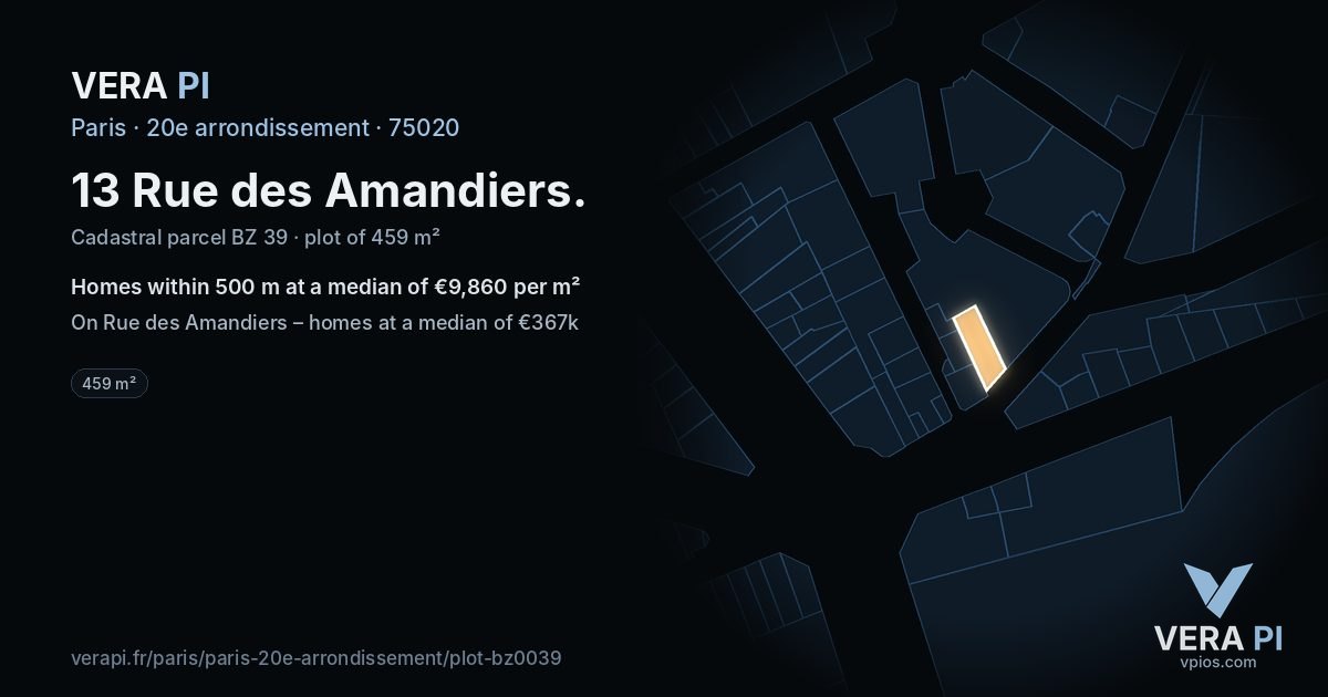 13 Rue des Amandiers, 20e arrondissement at night – the plot lit, the parcels around coloured by the prices near them