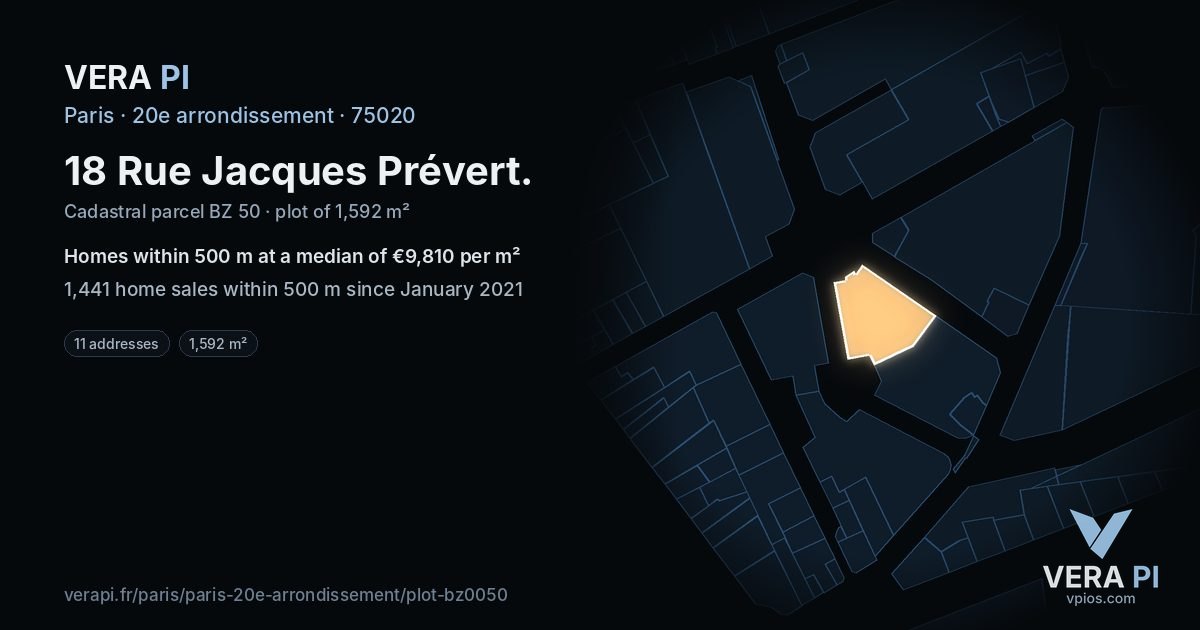 18 Rue Jacques Prévert, 20e arrondissement at night – the plot lit, the parcels around coloured by the prices near them