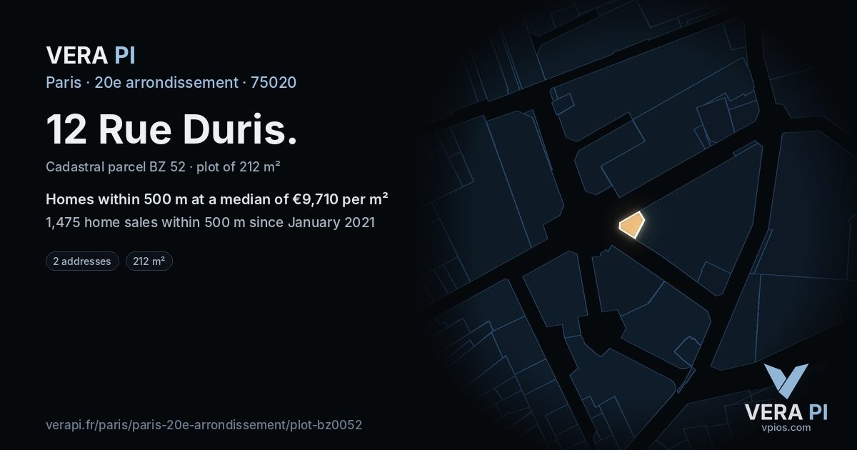 12 Rue Duris, 20e arrondissement at night – the plot lit, the parcels around coloured by the prices near them
