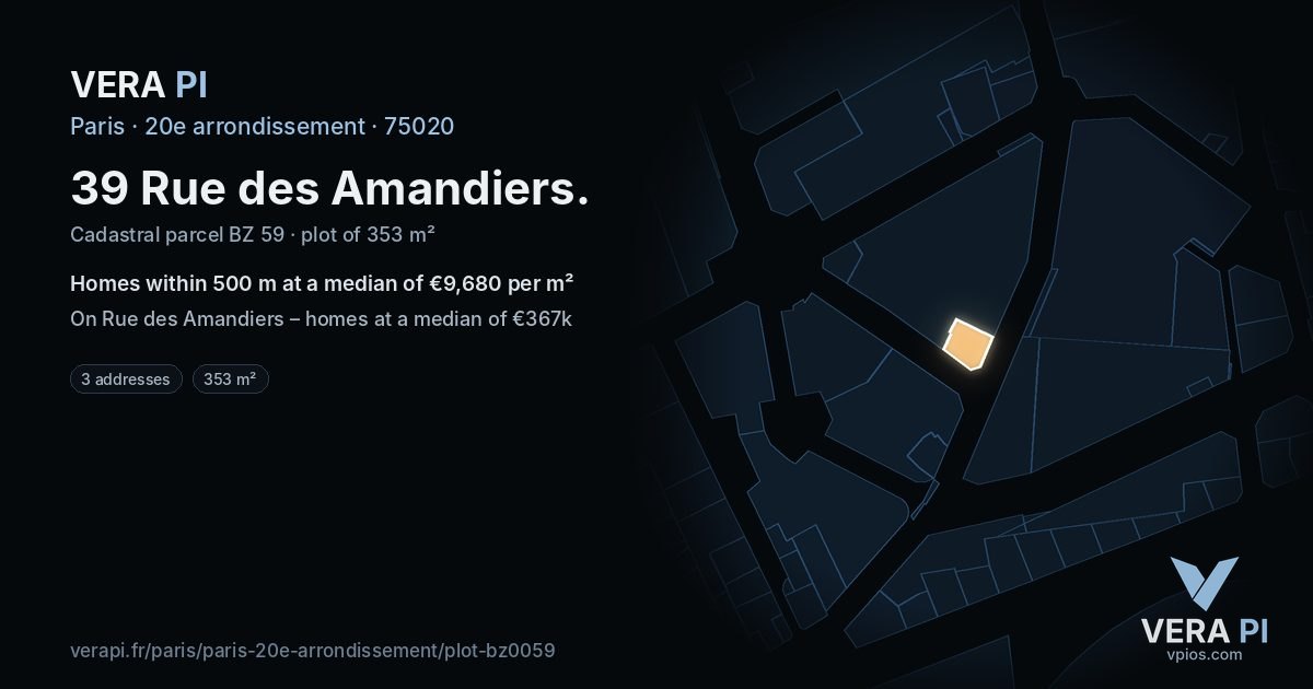 39 Rue des Amandiers, 20e arrondissement at night – the plot lit, the parcels around coloured by the prices near them