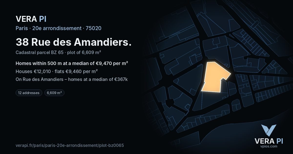 38 Rue des Amandiers, 20e arrondissement at night – the plot lit, the parcels around coloured by the prices near them