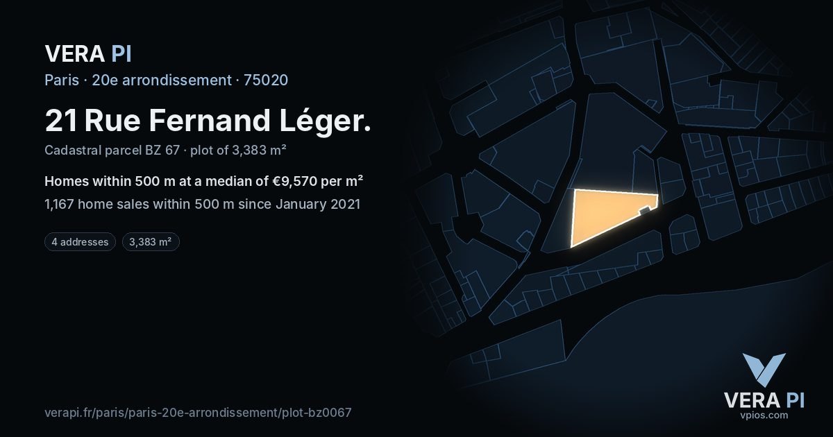 21 Rue Fernand Léger, 20e arrondissement at night – the plot lit, the parcels around coloured by the prices near them