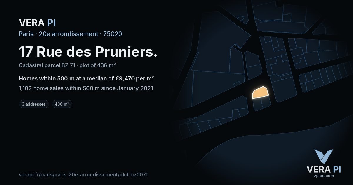 17 Rue des Pruniers, 20e arrondissement at night – the plot lit, the parcels around coloured by the prices near them