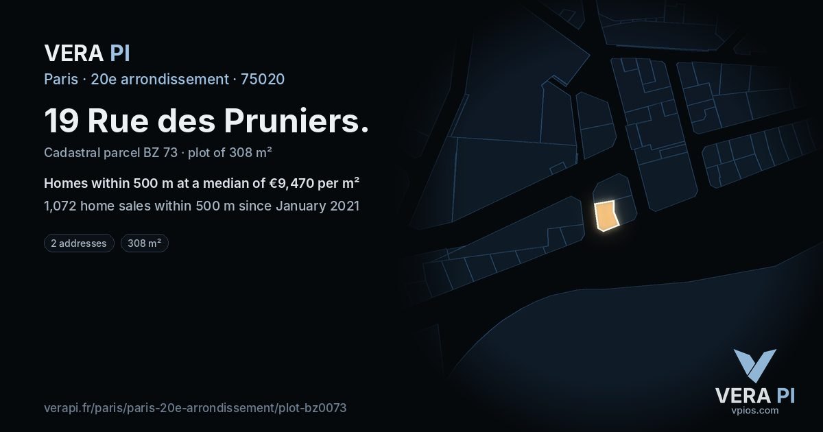 19 Rue des Pruniers, 20e arrondissement at night – the plot lit, the parcels around coloured by the prices near them