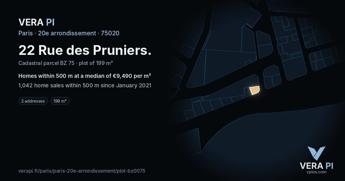 22 Rue des Pruniers, 20e arrondissement at night – the plot lit, the parcels around coloured by the prices near them