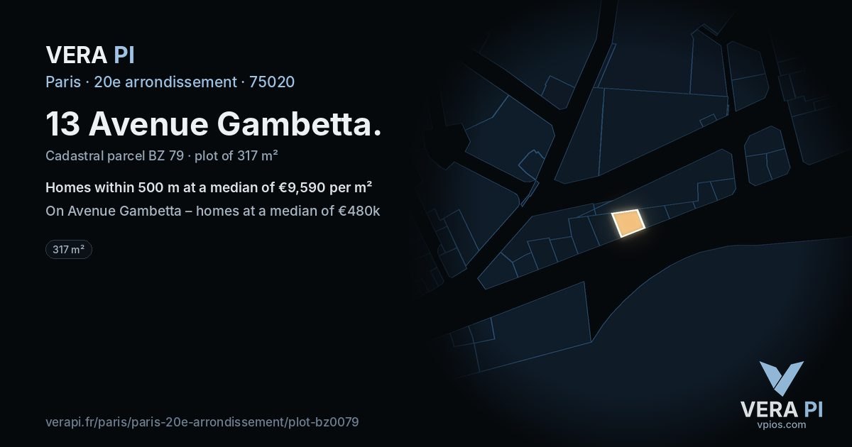 13 Avenue Gambetta, 20e arrondissement at night – the plot lit, the parcels around coloured by the prices near them