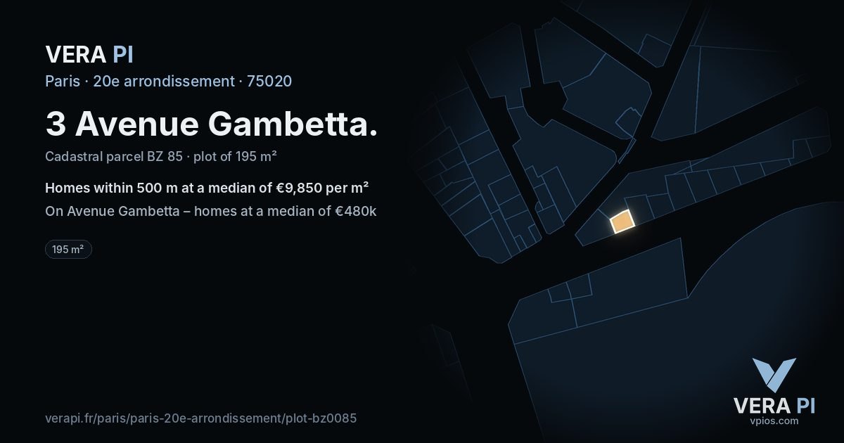 3 Avenue Gambetta, 20e arrondissement at night – the plot lit, the parcels around coloured by the prices near them