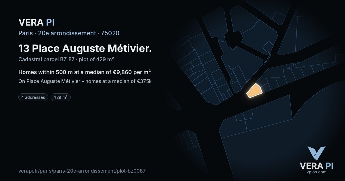 13 Place Auguste Métivier, 20e arrondissement at night – the plot lit, the parcels around coloured by the prices near them