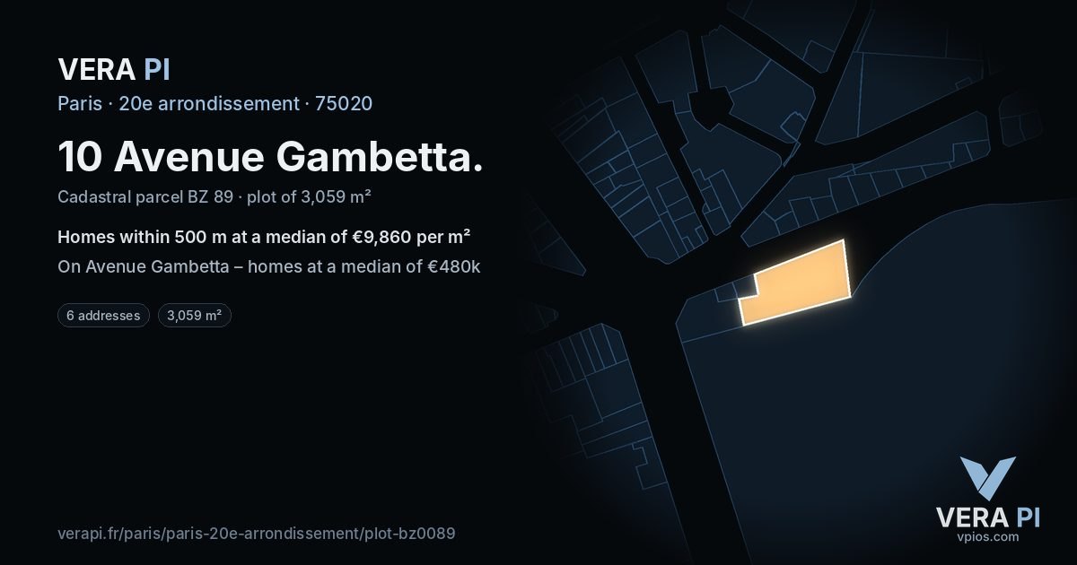 10 Avenue Gambetta, 20e arrondissement at night – the plot lit, the parcels around coloured by the prices near them