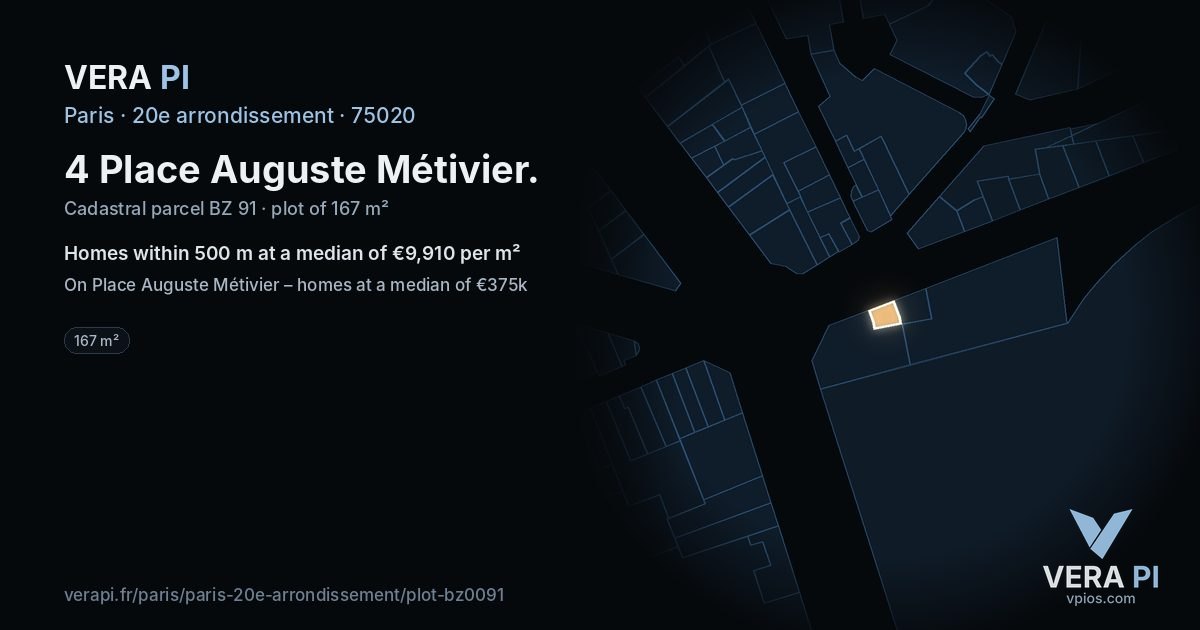 4 Place Auguste Métivier, 20e arrondissement at night – the plot lit, the parcels around coloured by the prices near them