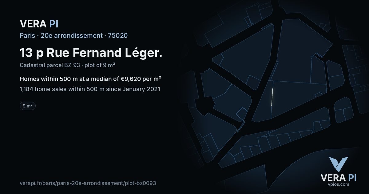 13 p Rue Fernand Léger, 20e arrondissement at night – the plot lit, the parcels around coloured by the prices near them