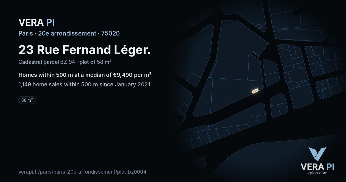 23 Rue Fernand Léger, 20e arrondissement at night – the plot lit, the parcels around coloured by the prices near them
