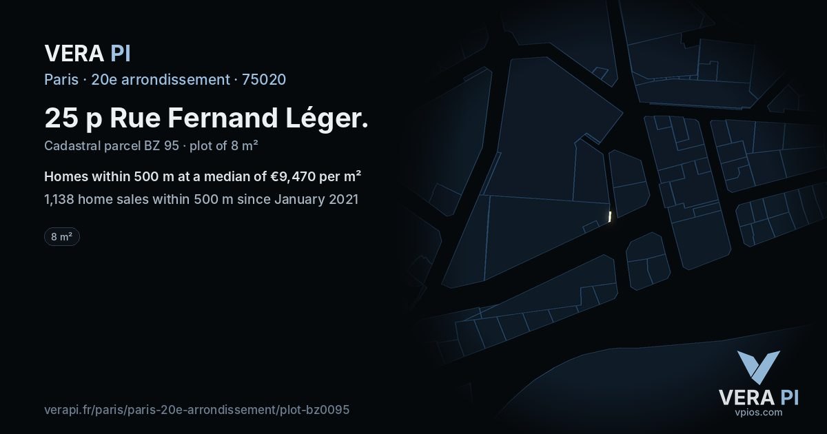 25 p Rue Fernand Léger, 20e arrondissement at night – the plot lit, the parcels around coloured by the prices near them
