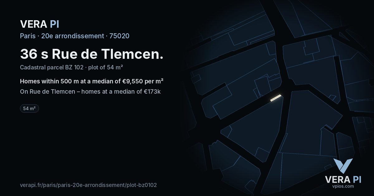 36 s Rue de Tlemcen, 20e arrondissement at night – the plot lit, the parcels around coloured by the prices near them