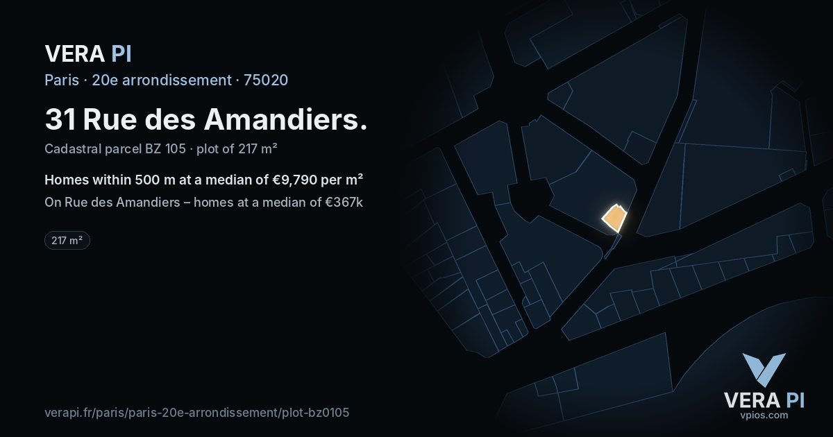31 Rue des Amandiers, 20e arrondissement at night – the plot lit, the parcels around coloured by the prices near them