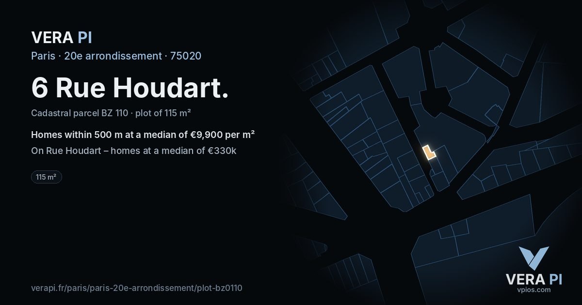 6 Rue Houdart, 20e arrondissement at night – the plot lit, the parcels around coloured by the prices near them