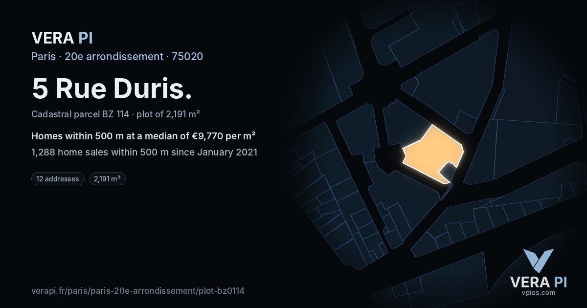 5 Rue Duris, 20e arrondissement at night – the plot lit, the parcels around coloured by the prices near them
