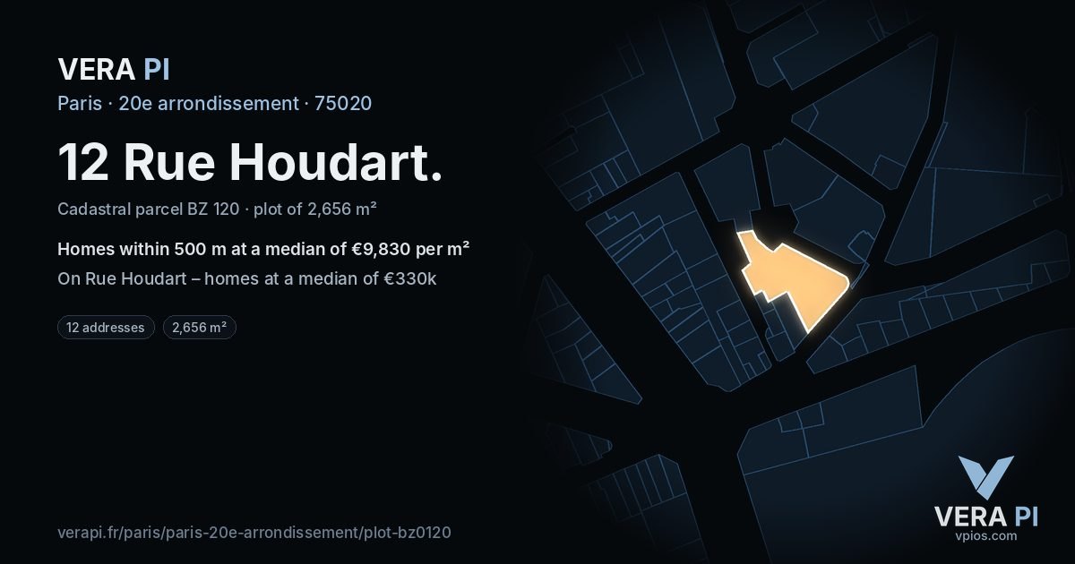 12 Rue Houdart, 20e arrondissement at night – the plot lit, the parcels around coloured by the prices near them