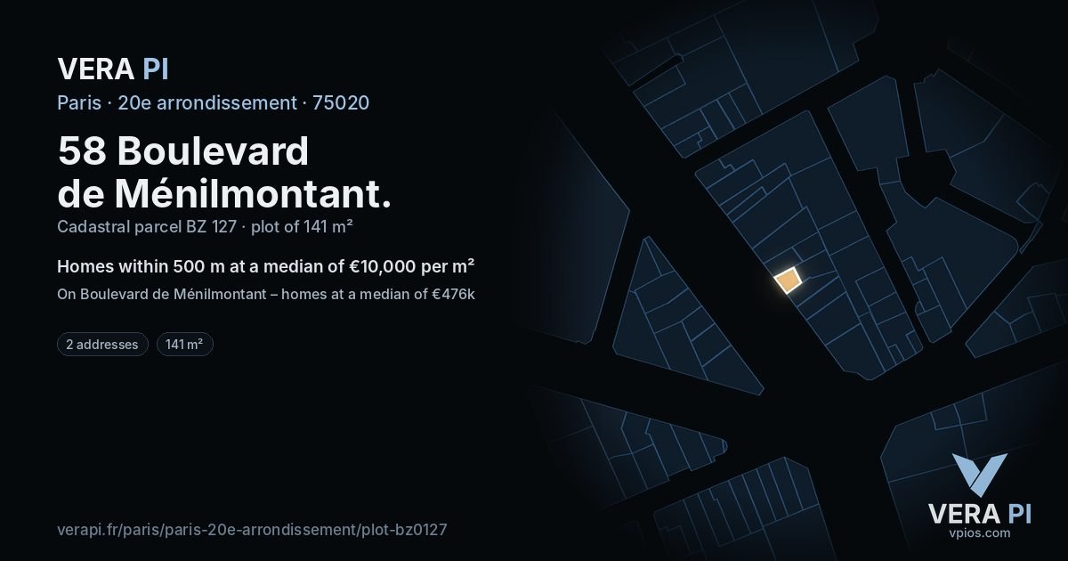 58 Boulevard de Ménilmontant, 20e arrondissement at night – the plot lit, the parcels around coloured by the prices near them