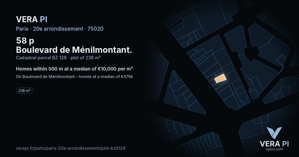 58 p Boulevard de Ménilmontant, 20e arrondissement at night – the plot lit, the parcels around coloured by the prices near them