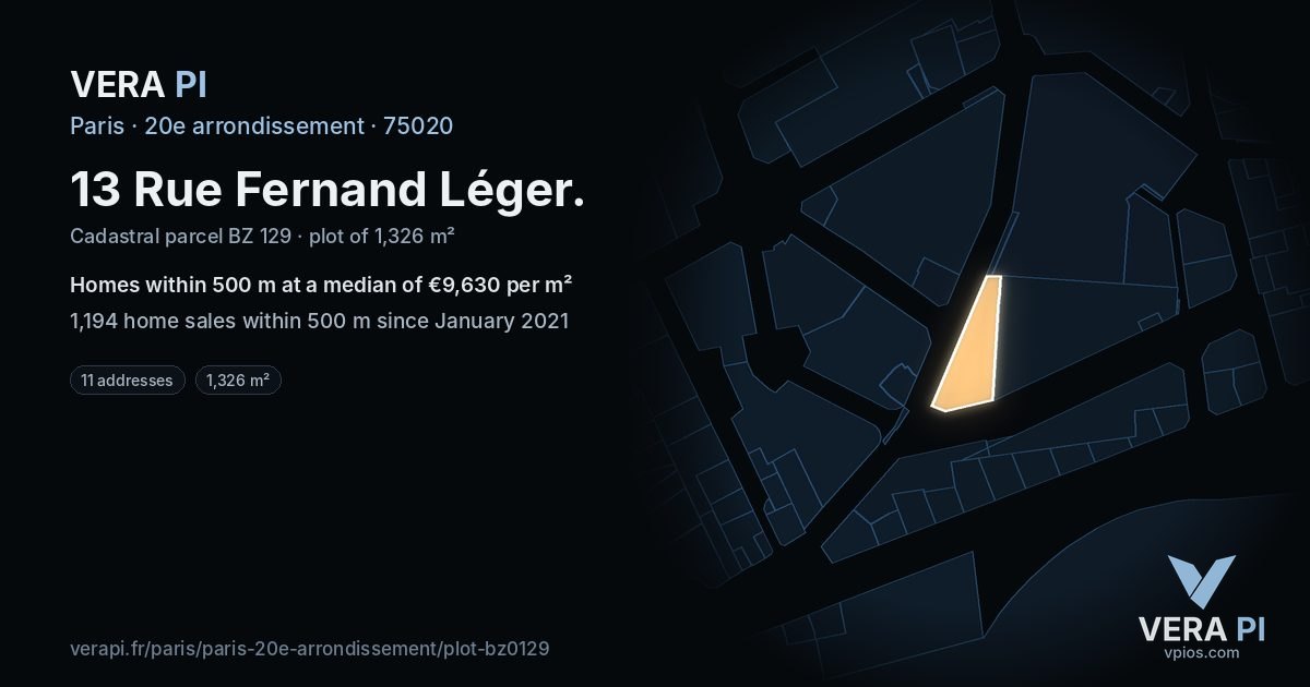 13 Rue Fernand Léger, 20e arrondissement at night – the plot lit, the parcels around coloured by the prices near them