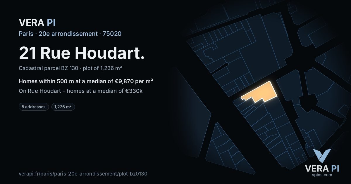 21 Rue Houdart, 20e arrondissement at night – the plot lit, the parcels around coloured by the prices near them