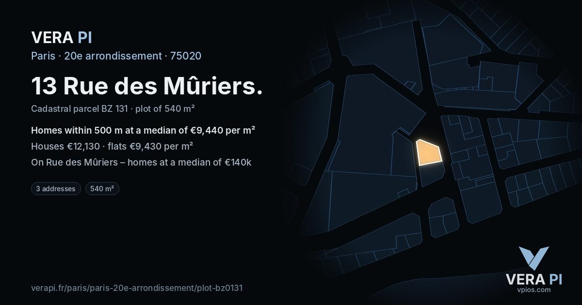 13 Rue des Mûriers, 20e arrondissement at night – the plot lit, the parcels around coloured by the prices near them