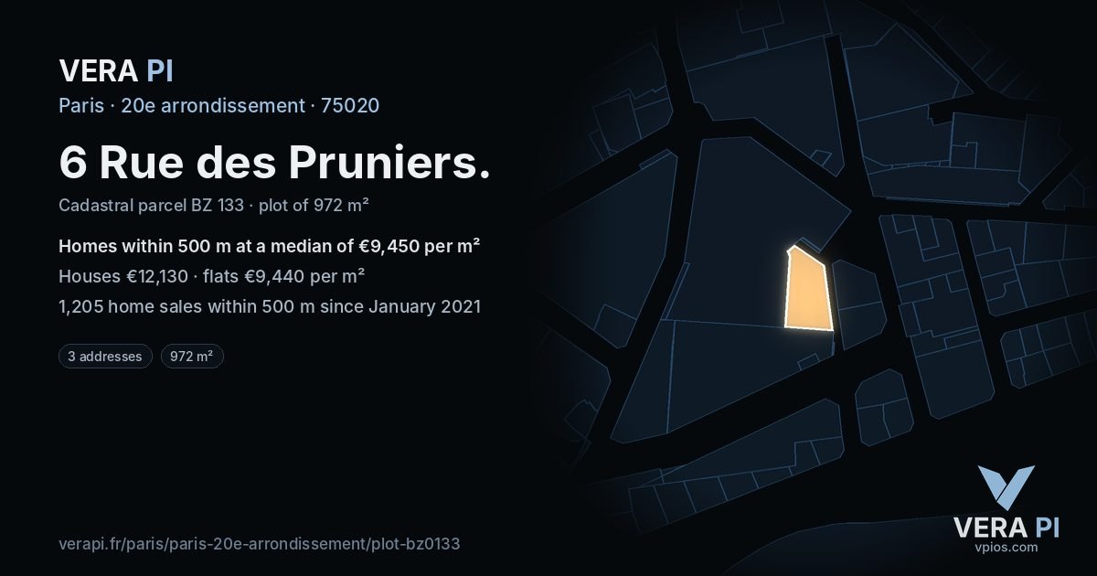 6 Rue des Pruniers, 20e arrondissement at night – the plot lit, the parcels around coloured by the prices near them