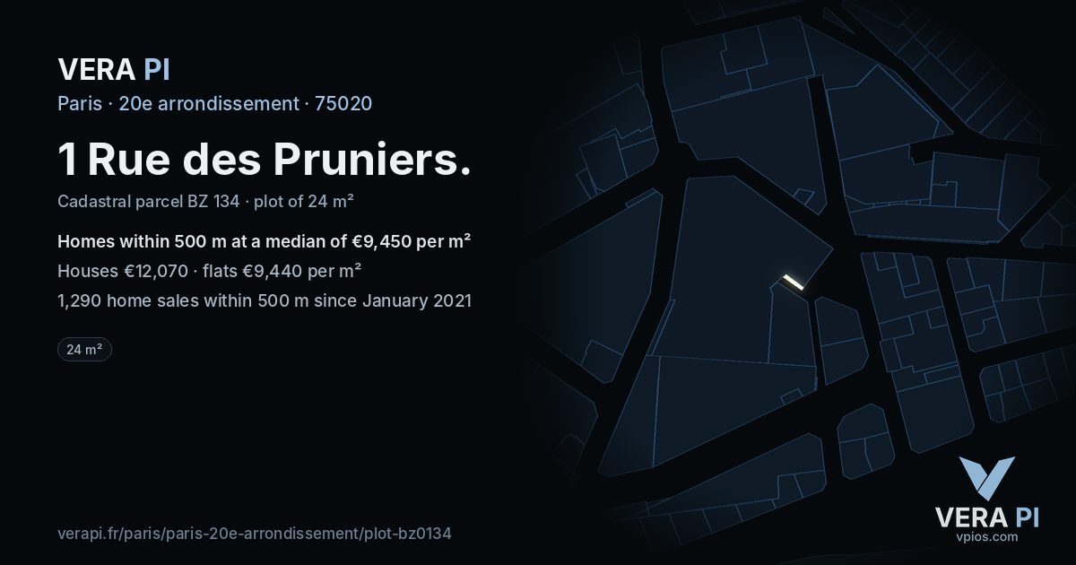 1 Rue des Pruniers, 20e arrondissement at night – the plot lit, the parcels around coloured by the prices near them