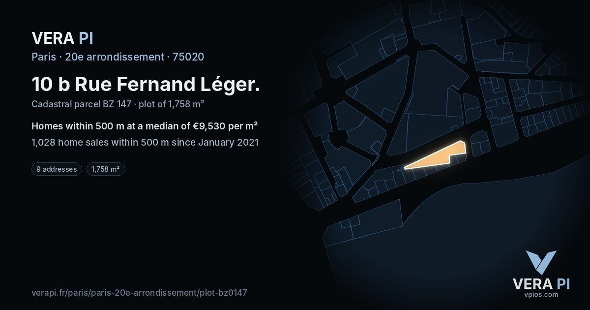 10 b Rue Fernand Léger, 20e arrondissement at night – the plot lit, the parcels around coloured by the prices near them