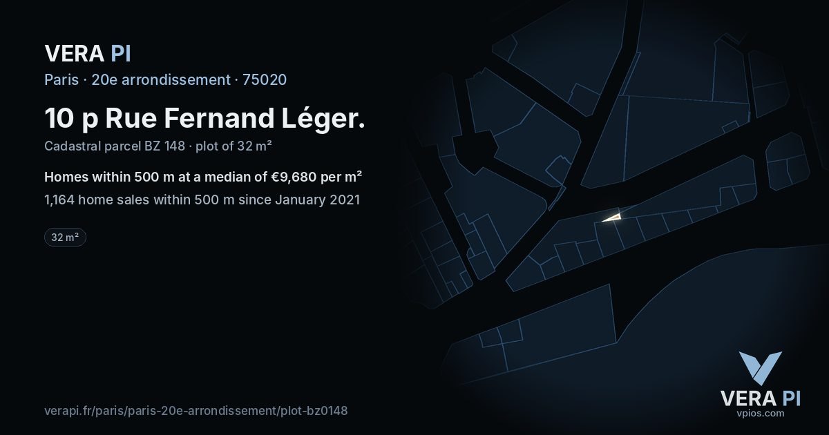 10 p Rue Fernand Léger, 20e arrondissement at night – the plot lit, the parcels around coloured by the prices near them