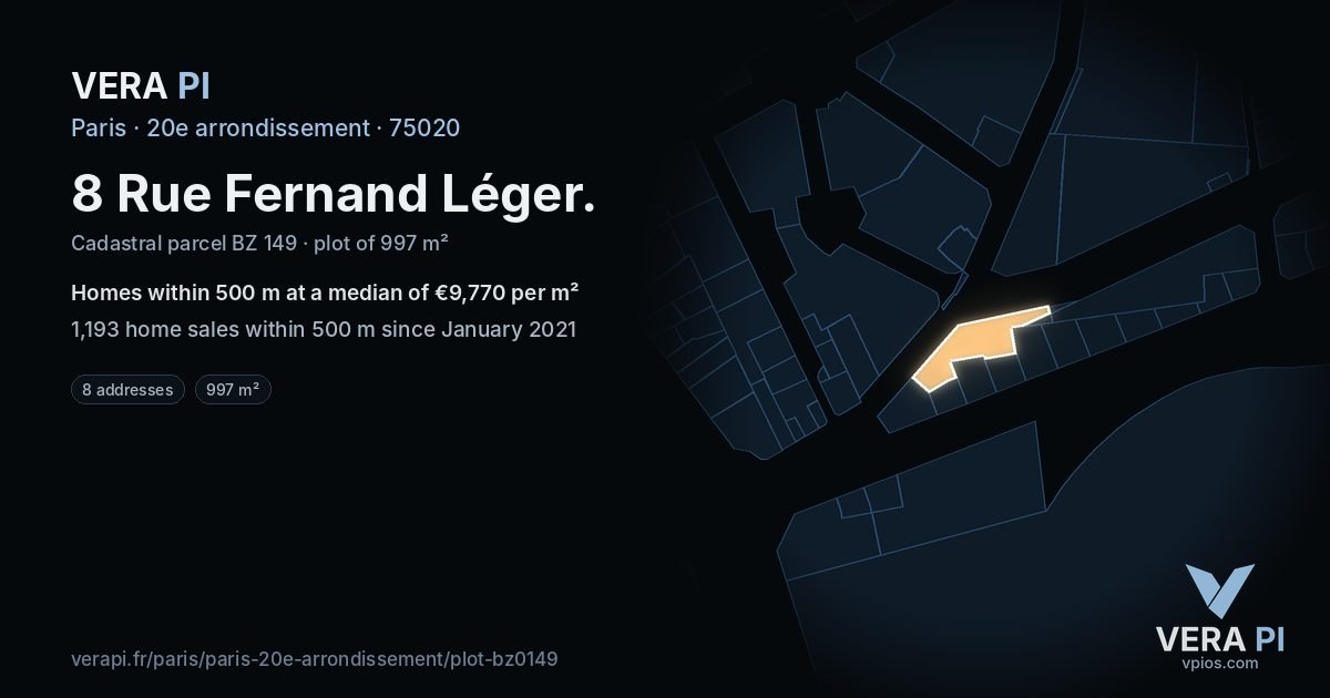 8 Rue Fernand Léger, 20e arrondissement at night – the plot lit, the parcels around coloured by the prices near them