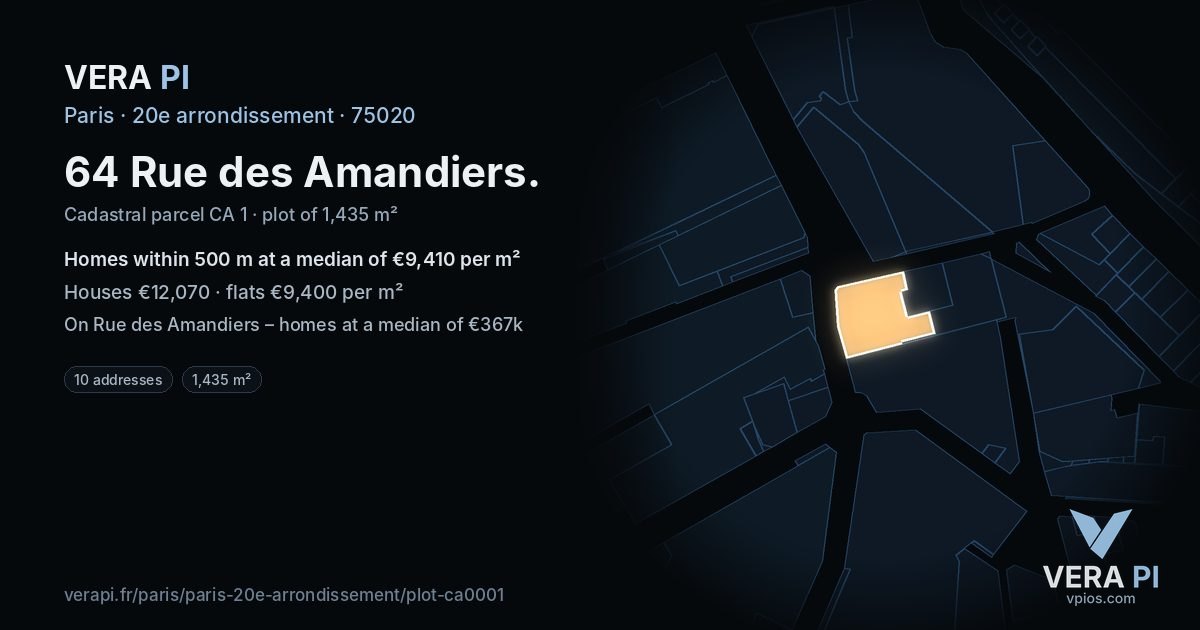 64 Rue des Amandiers, 20e arrondissement at night – the plot lit, the parcels around coloured by the prices near them