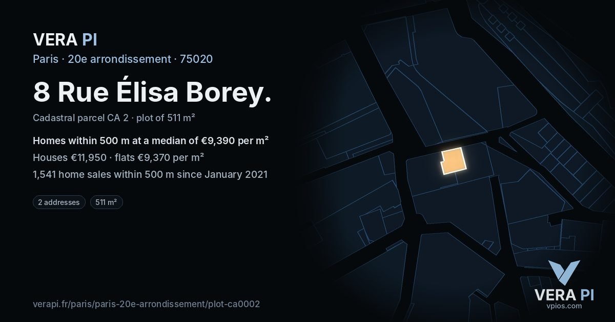 8 Rue Élisa Borey, 20e arrondissement at night – the plot lit, the parcels around coloured by the prices near them