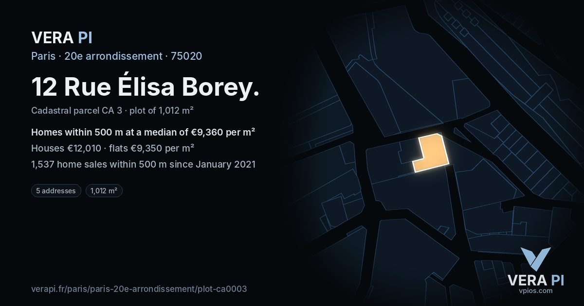 12 Rue Élisa Borey, 20e arrondissement at night – the plot lit, the parcels around coloured by the prices near them