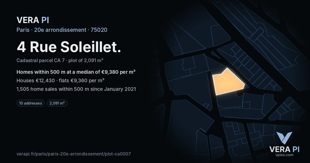 4 Rue Soleillet, 20e arrondissement at night – the plot lit, the parcels around coloured by the prices near them